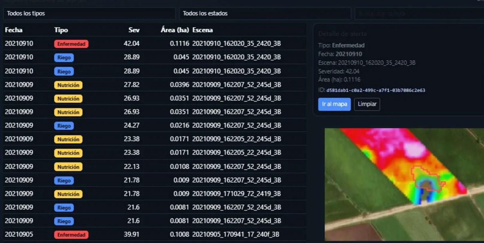 Registro de alertas en AltiaVisor: fecha, tipo, severidad, superficie y escena de cada aviso